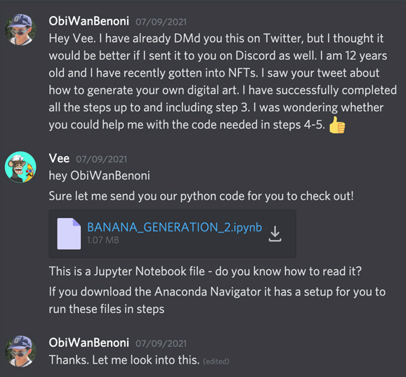 Discord conversation between ObiWanBenoni and Vee on 9 July 2021, where Vee shares the BANANA_GENERATION_2.ipynb Python notebook